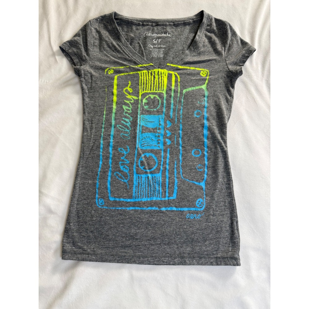Aeropostale Womens Gray Cassette Tape Graphic V-Neck Tee Shirt S Love Always